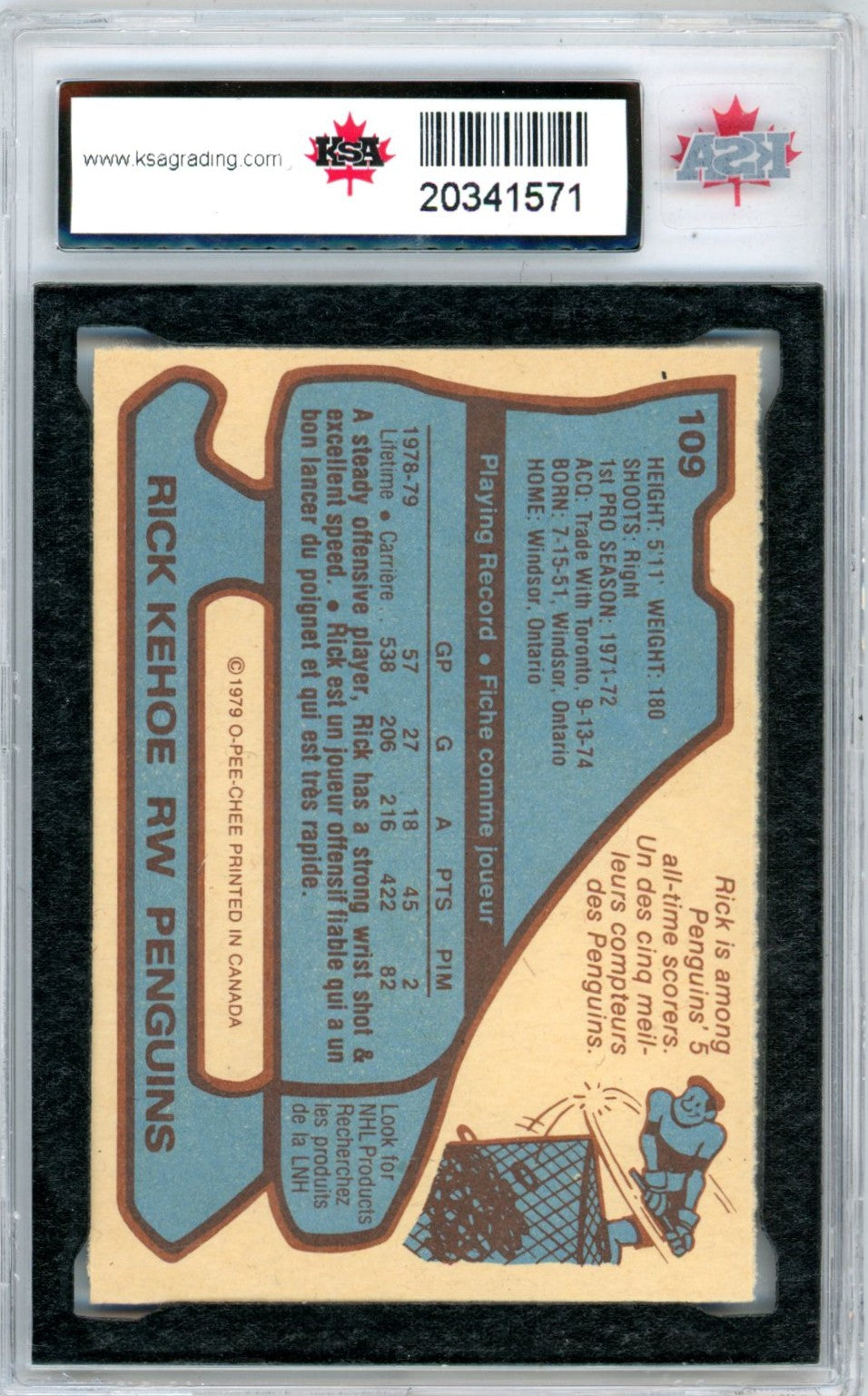 1979/80 OPC O-Pee-Chee Rick Kehoe #109 Graded Hockey Card KSA 9