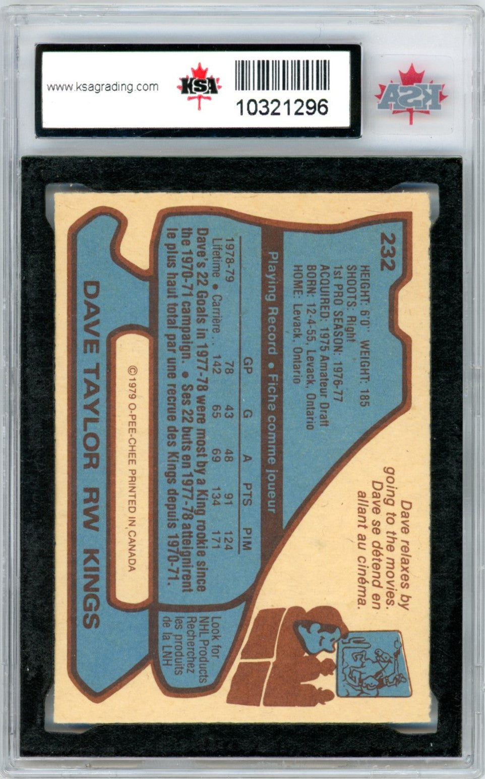 1979/80 OPC O-Pee-Chee Dave Taylor #232 Graded Hockey Card KSA 9