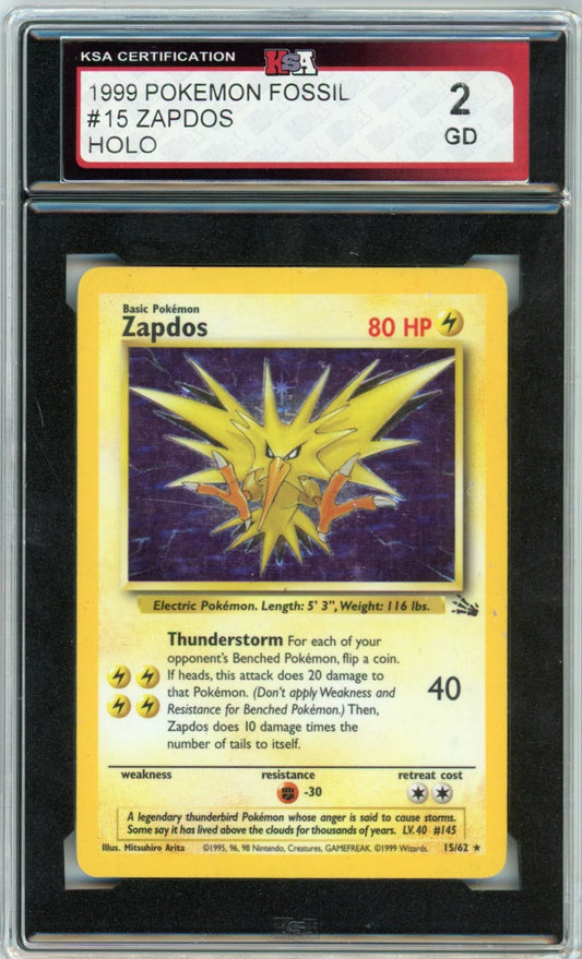 1999 Pokemon Fossil Zapdos Holographic Graded Card #15 KSA 2