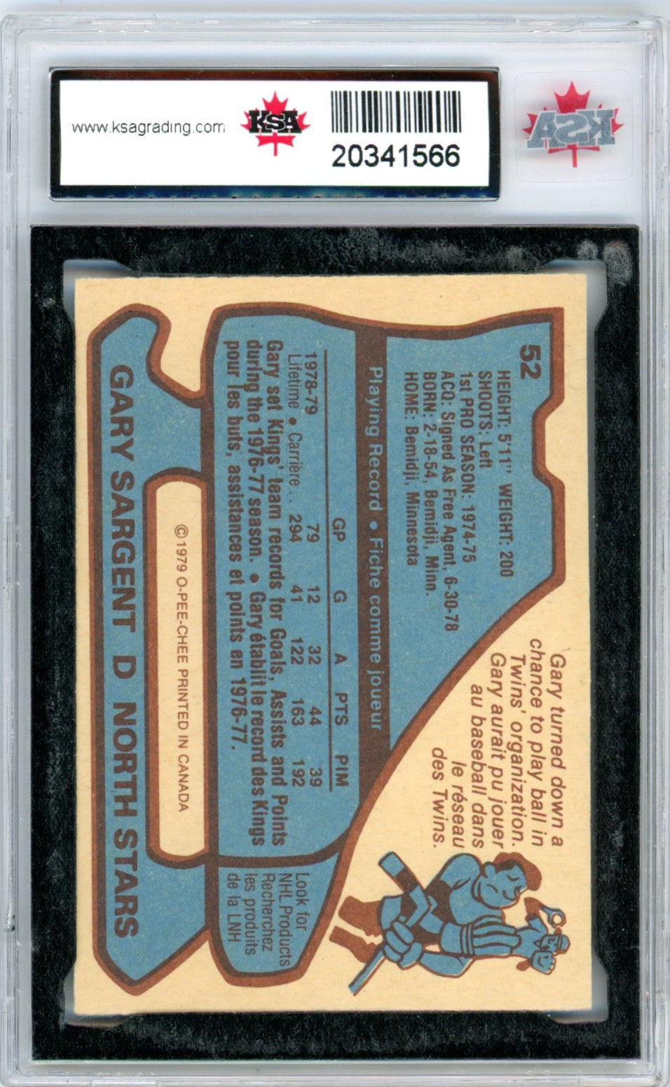 1979/80 OPC O-Pee-Chee Gary Sargent #52 Graded Hockey Card KSA 9