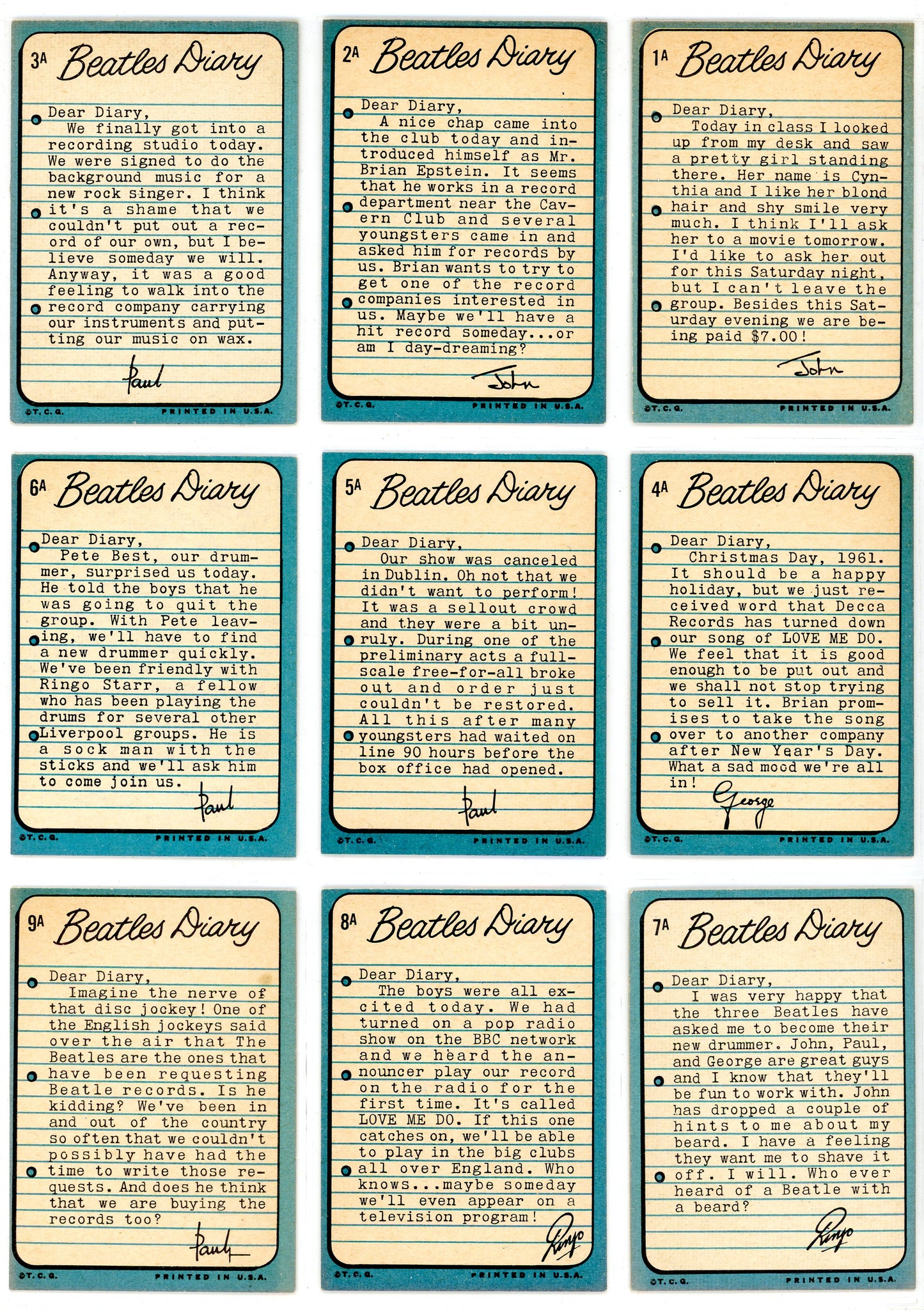 1964 Topps The Beatles Diary Trading Card Complete Set (60 Cards)