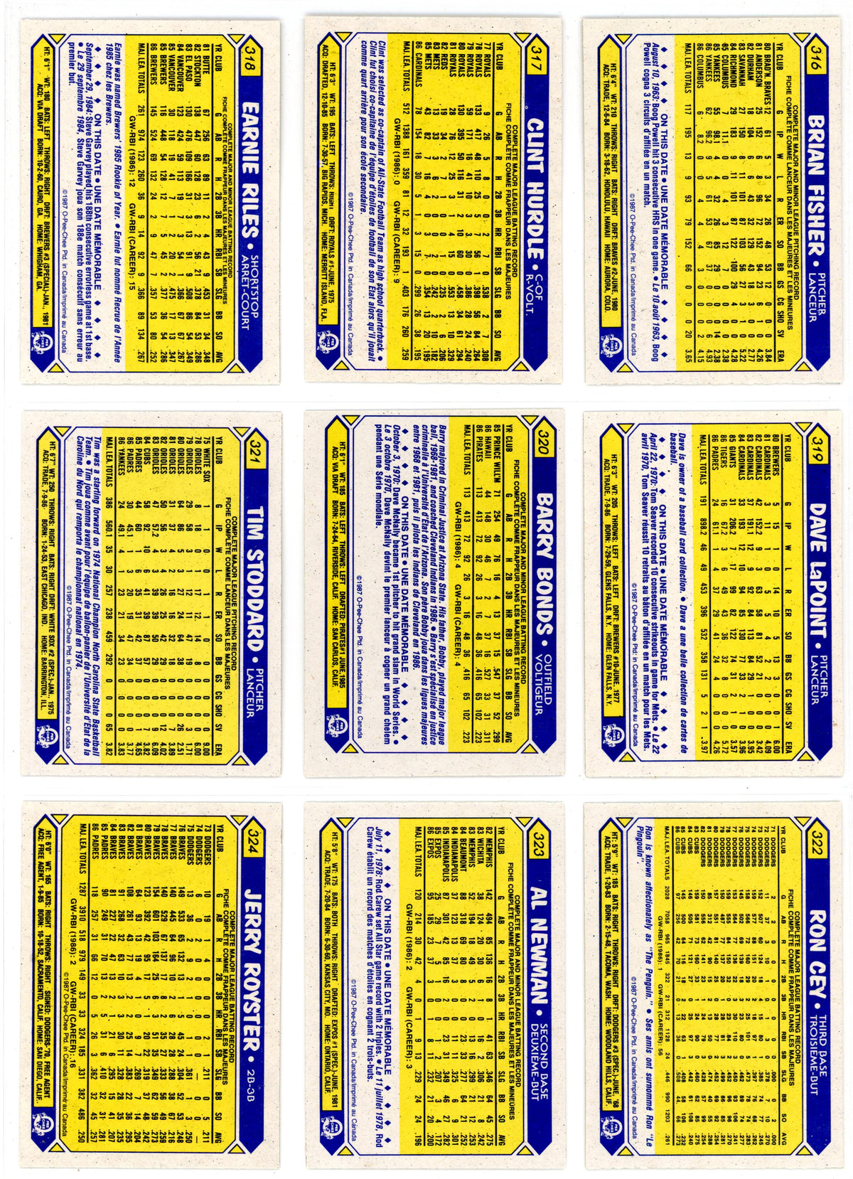 1987 OPC O-Pee-Chee MLB Baseball Complete Set (396 Cards) High Grade! Barry Bonds Rookie