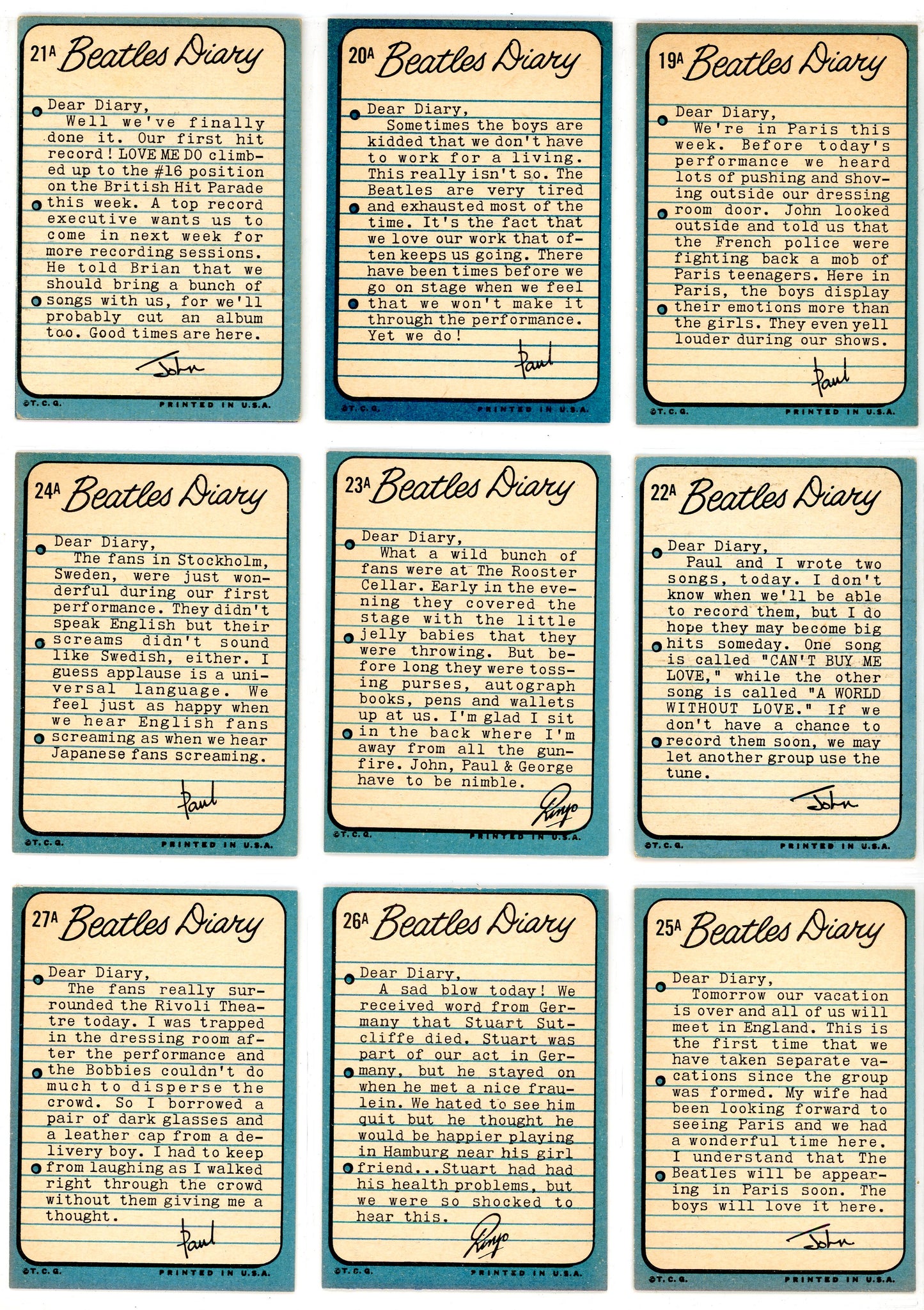 1964 Topps The Beatles Diary Trading Card Complete Set (60 Cards)