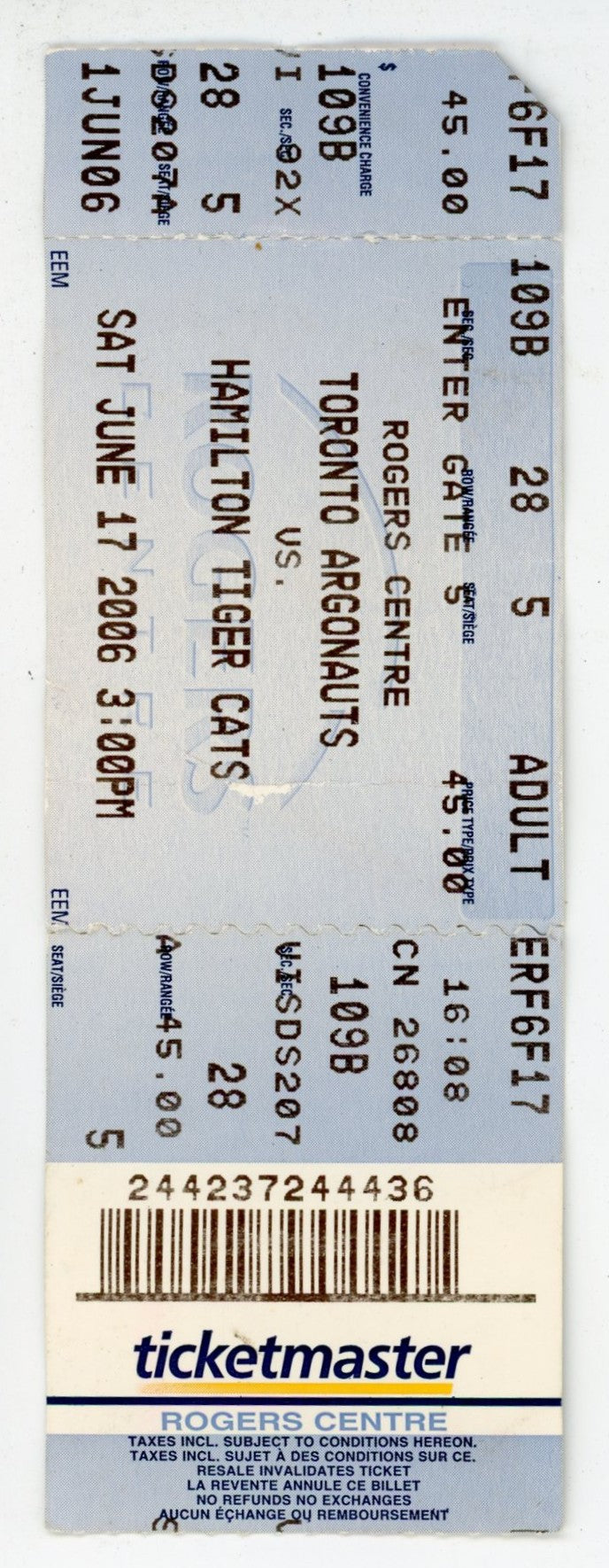 Toronto Argonauts vs. Hamilton Tiger-Cats Ticket Stub Rogers Centre (T ...