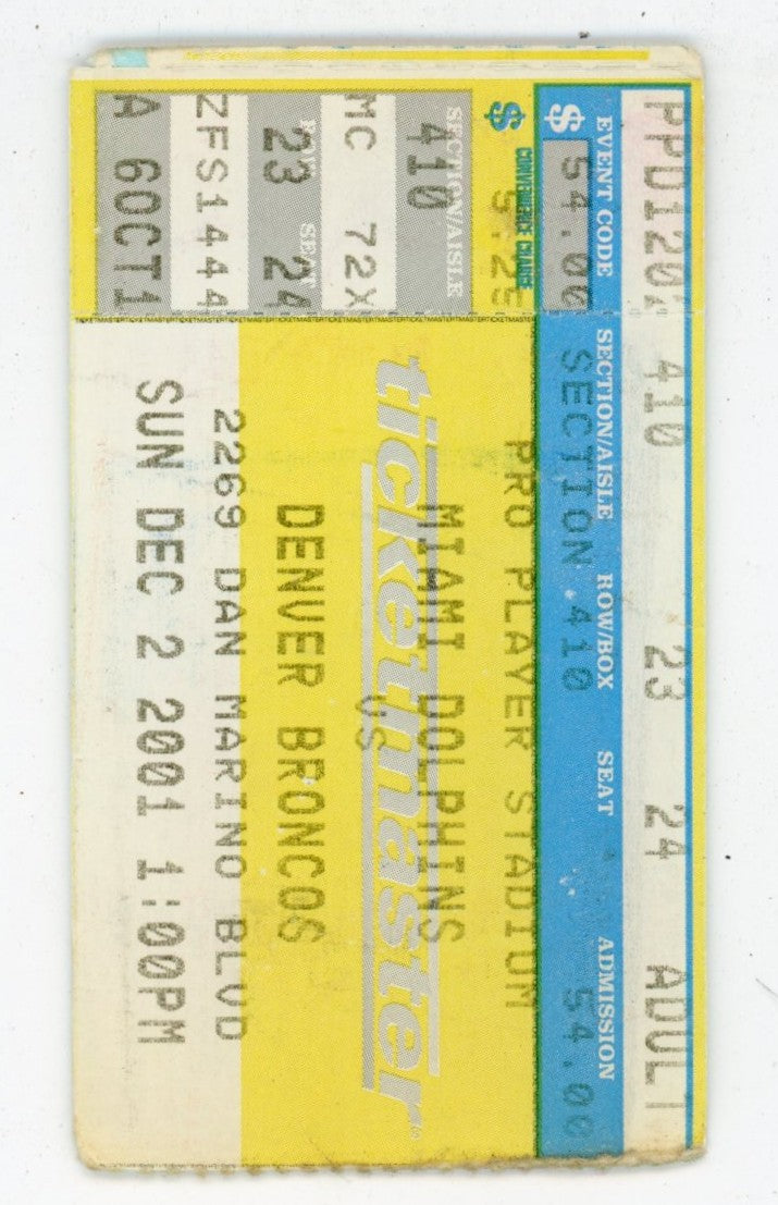 Miami Dolphins vs. Denver Broncos Vintage Ticket Stub Pro Player Stadium (Miami, 2001)