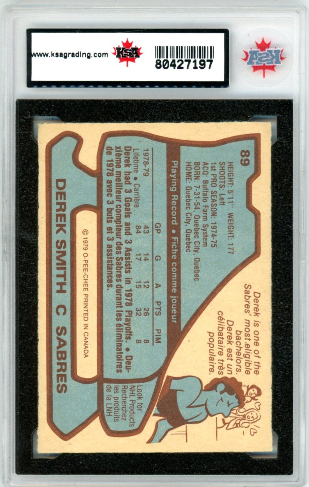 1979/80 OPC O-Pee-Chee Derek Smith #89 Graded Hockey Card KSA 9