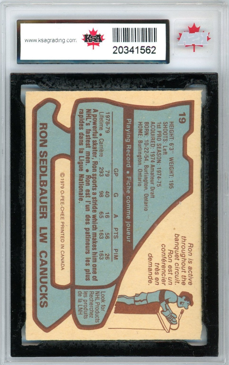 1979/80 OPC O-Pee-Chee Ron Sedlbauer #19 Graded Hockey Card KSA 9