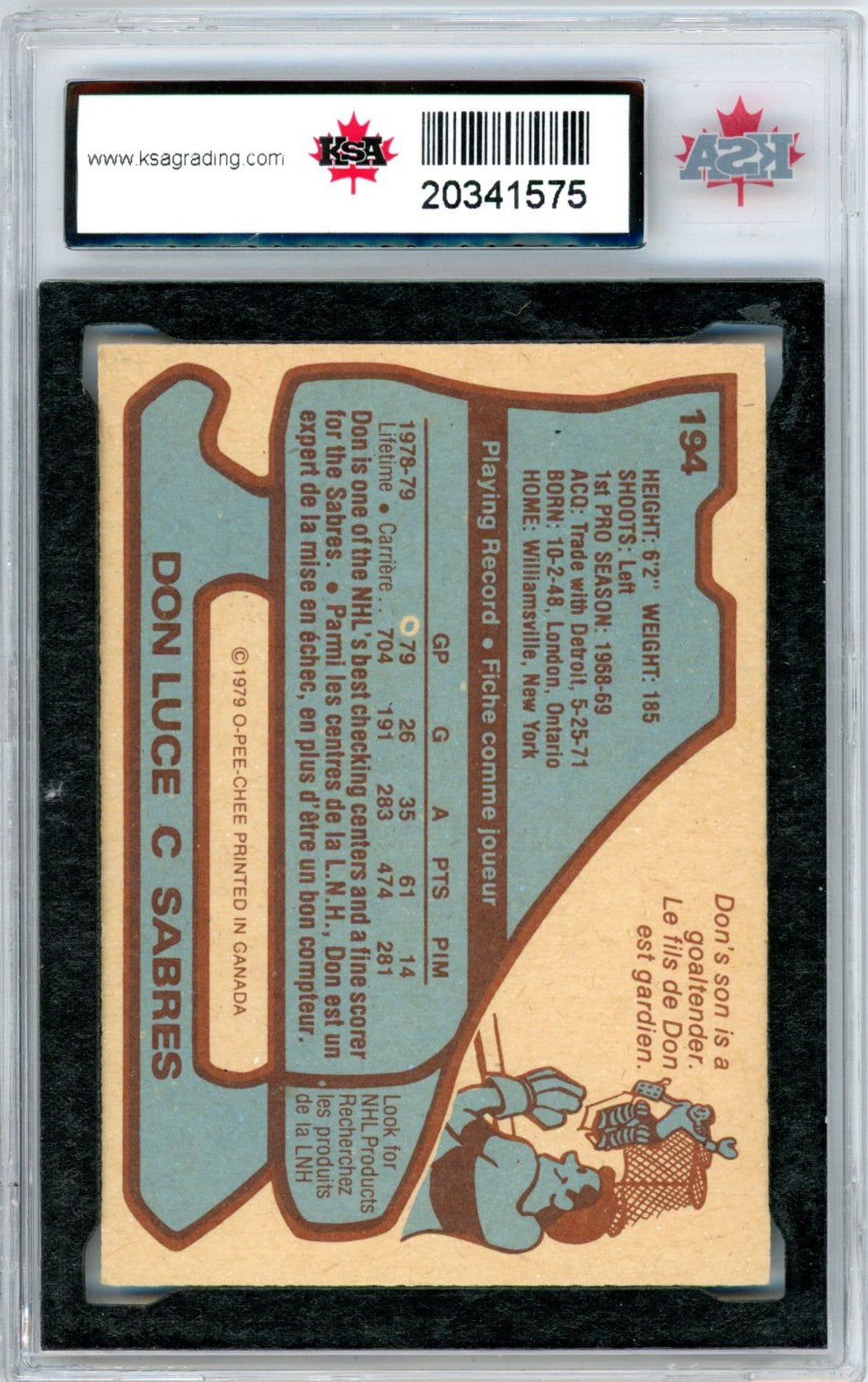 1979/80 OPC O-Pee-Chee Don Luce #194 Graded Hockey Card KSA 9