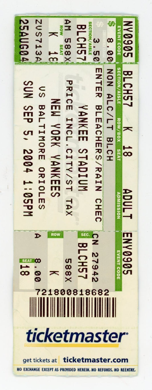 New York Yankees vs. Baltimore Orioles Vintage Ticket Stub Yankee Stadium (NYC, 2004)