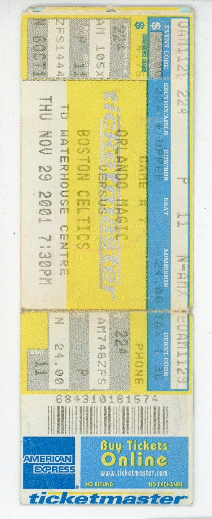 Orlando Magic vs. Boston Celtics Ticket Stub TD Waterhouse Centre (Orlando, 2001)