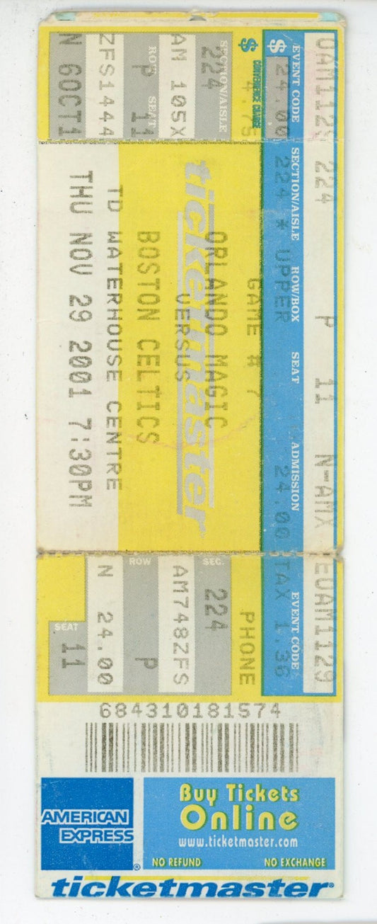 Orlando Magic vs. Boston Celtics Ticket Stub TD Waterhouse Centre (Orlando, 2001)