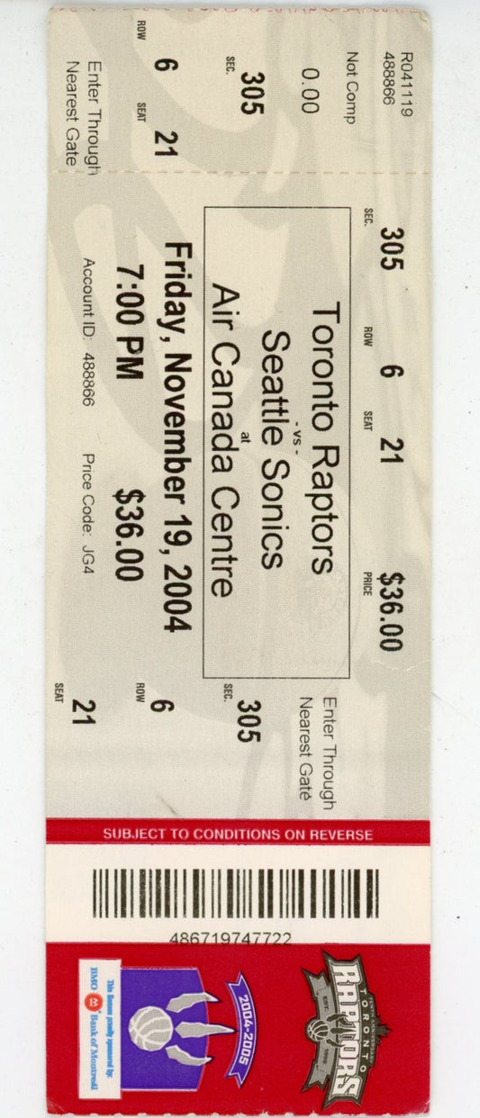 Toronto Raptors vs. Seattle Sonics Ticket Stub Air Canada Centre (Toronto, 2004)