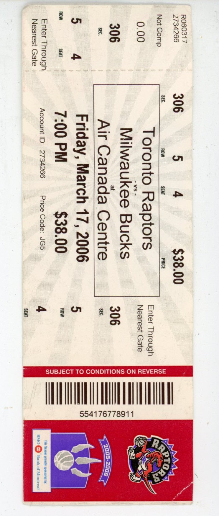 Toronto Raptors vs. Milwaukee Bucks Ticket Stub Air Canada Centre (Toronto, 2006)