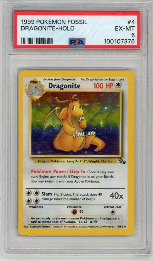 1999 Pokemon Fossil Dragonite Holographic Graded Card #4 PSA 6
