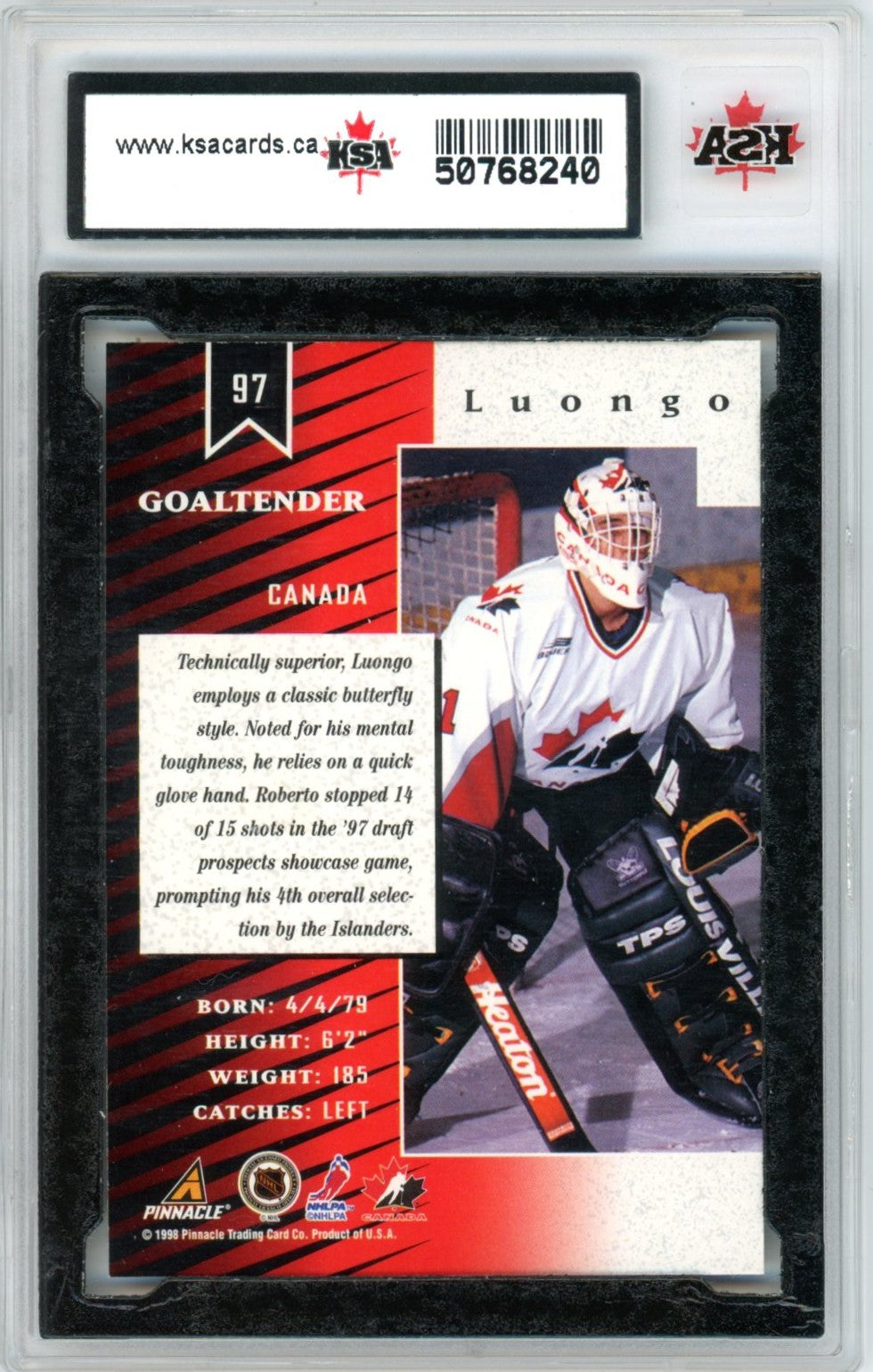 1997/98 Zenith Roberto Luongo #97 Graded Rookie Card KSA 9.5