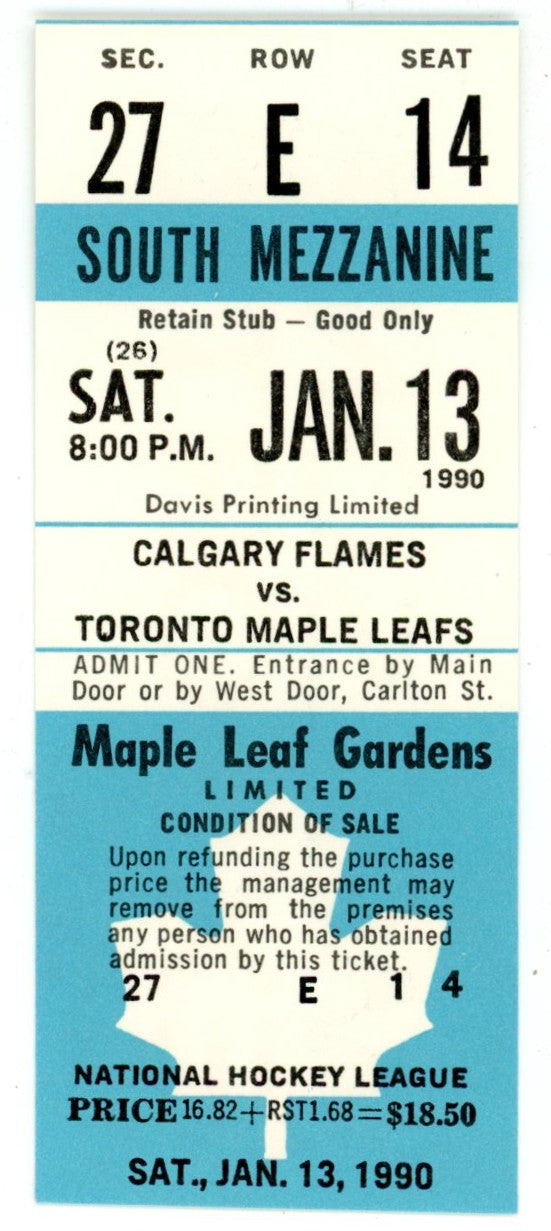 Calgary Flames vs. Toronto Maple Leafs Unused Full Ticket Maple Leaf Gardens (Toronto, January 1990)