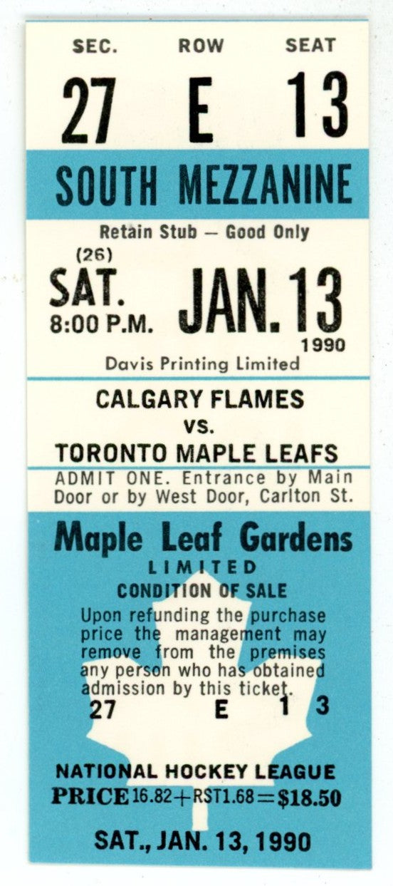 Calgary Flames vs. Toronto Maple Leafs Unused Vintage Full Ticket Maple Leaf Gardens (Toronto, January 1990)