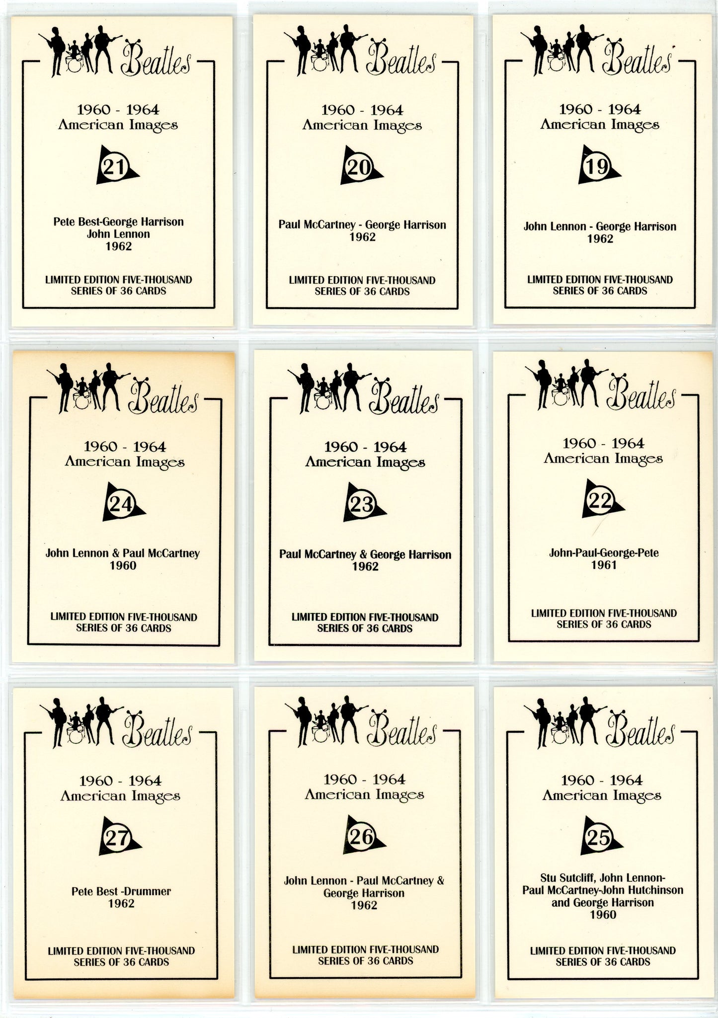 1992 American Images The Beatles: 1960-1964 Trading Card Complete Set (36 Cards)