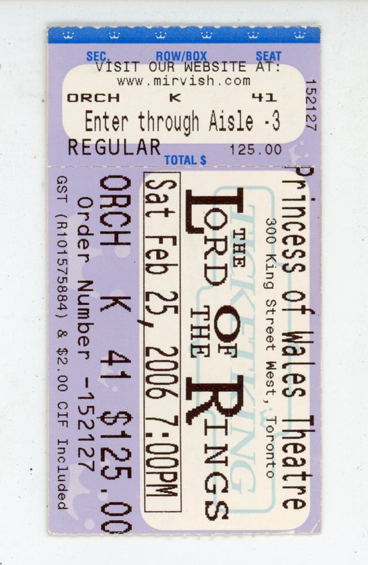 The Lord of the Rings Musical Ticket Stub Princess of Wales Theatre (Toronto, 2006)