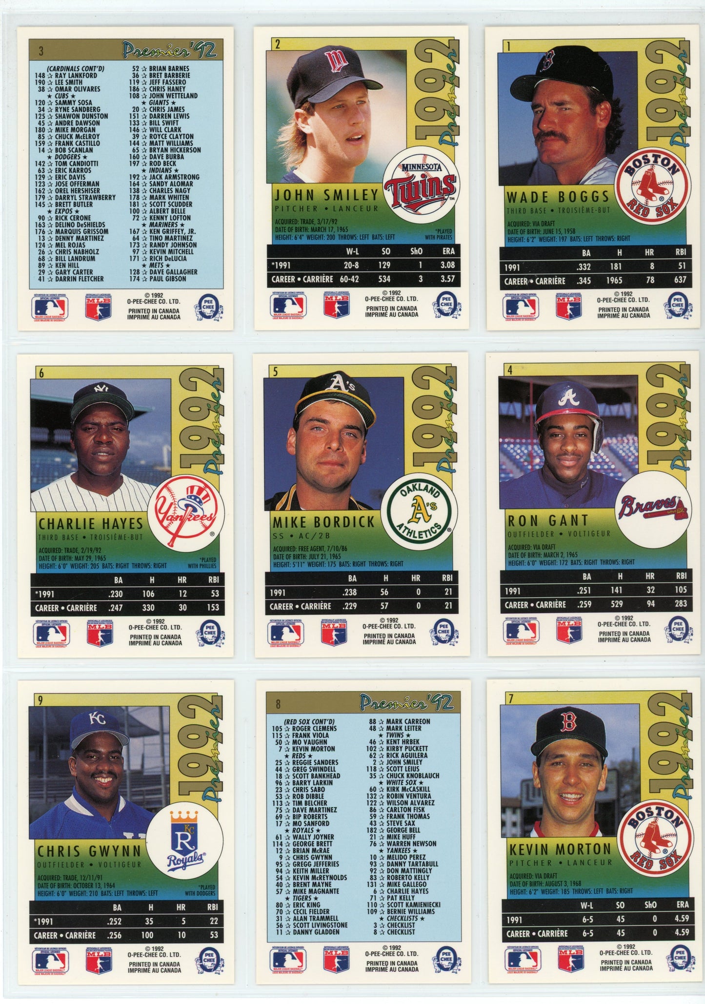 1992 OPC O-Pee-Chee Premier MLB Baseball Complete Set (198 Cards)