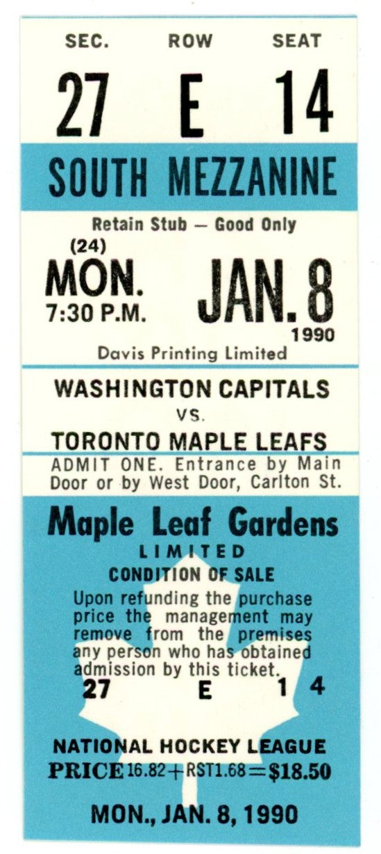 Washington Capitals vs. Toronto Maple Leafs Unused Full Ticket Maple Leaf Gardens (Toronto, January 1990)
