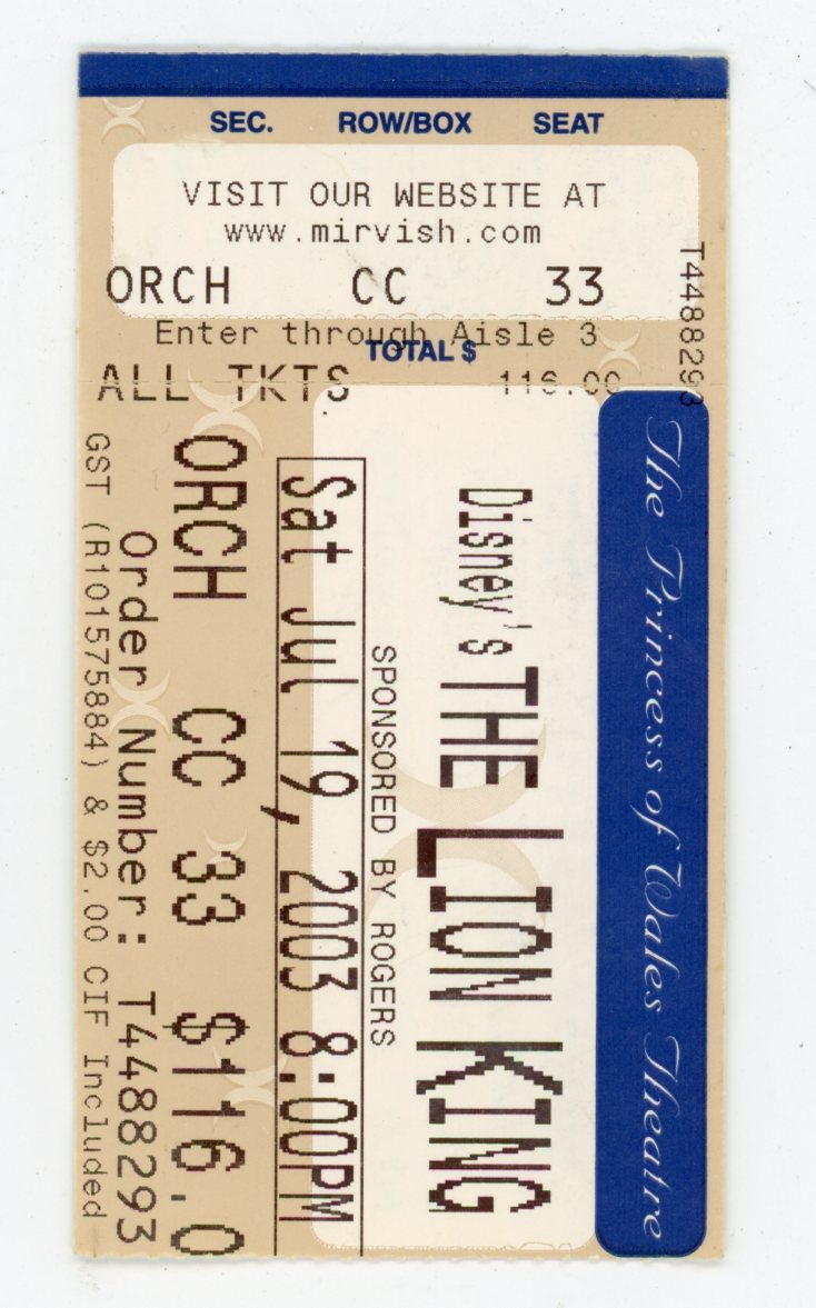 The Lion King Musical Ticket Stub Princess of Wales Theatre (Toronto, 2003)