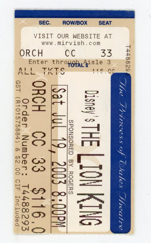 The Lion King Musical Ticket Stub Princess of Wales Theatre (Toronto, 2003)
