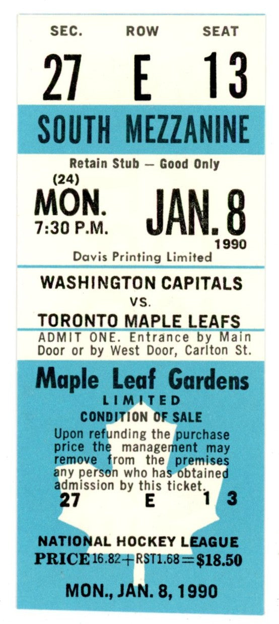 Washington Capitals vs. Toronto Maple Leafs Unused Vintage Full Ticket Maple Leaf Gardens (Toronto, January 1990)