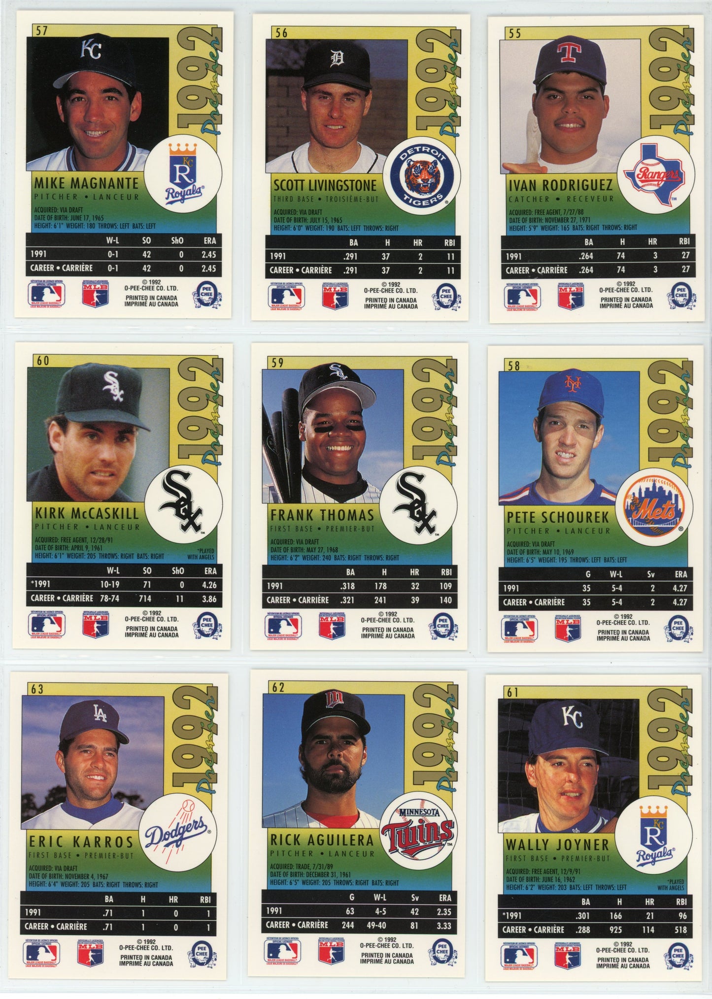 1992 OPC O-Pee-Chee Premier MLB Baseball Complete Set (198 Cards)