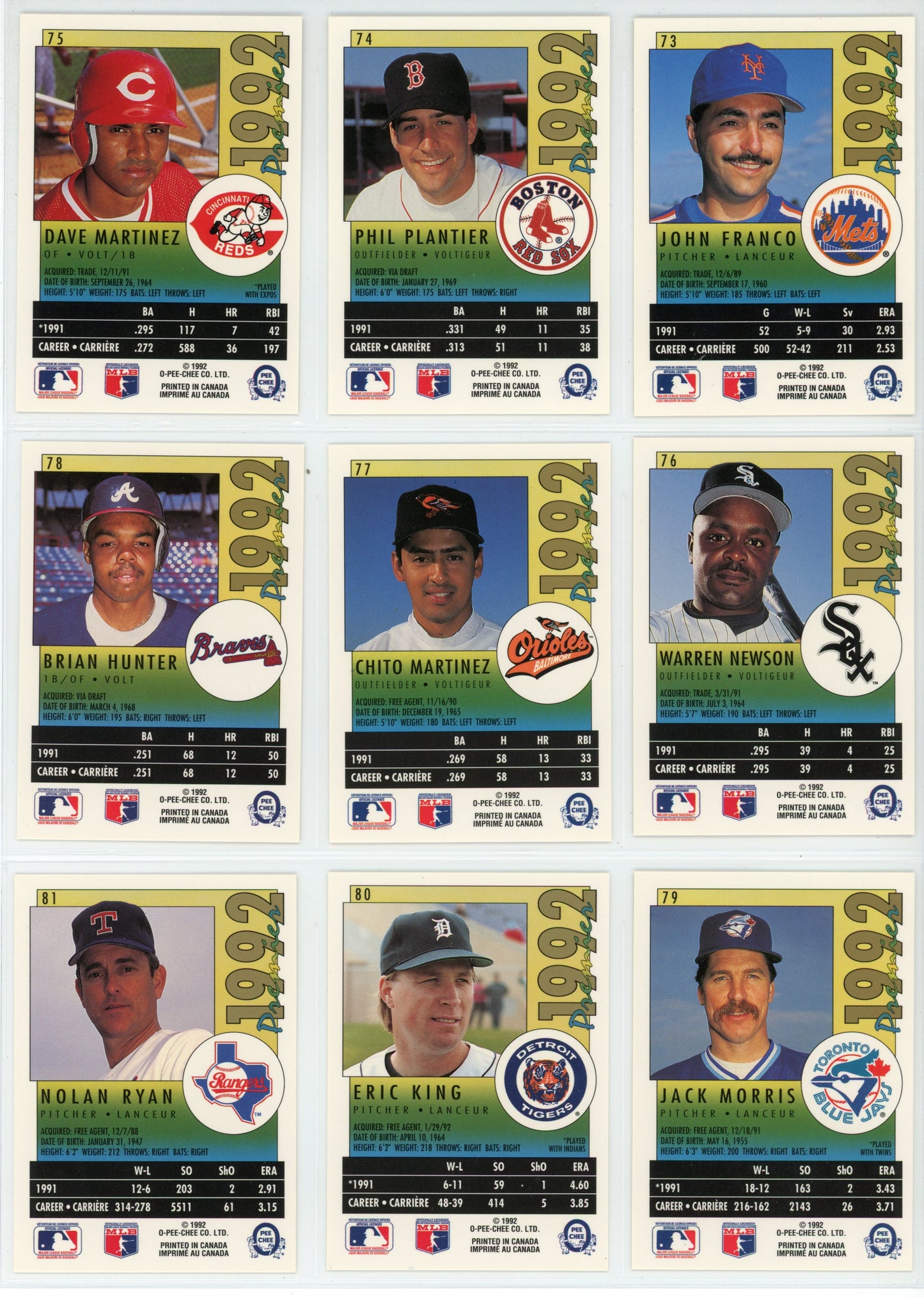 1992 OPC O-Pee-Chee Premier MLB Baseball Complete Set (198 Cards)