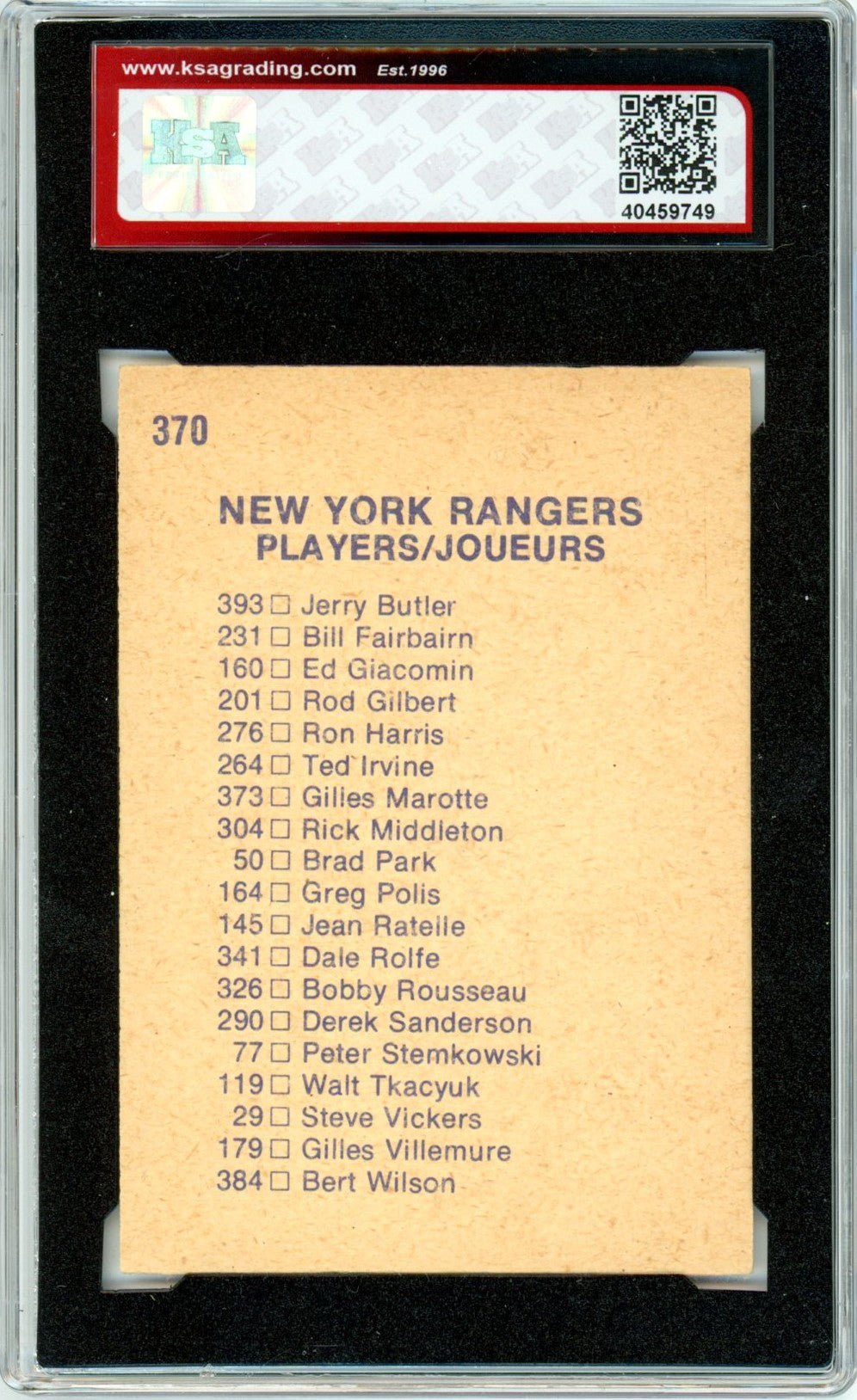 1974/75 OPC O-Pee-Chee New York Rangers Team Checklist #370 Graded Hockey Card KSA 6