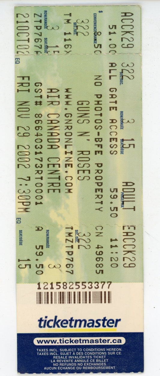 Guns N' Roses Vintage Concert Ticket Stub Air Canada Centre (Toronto, 2002)