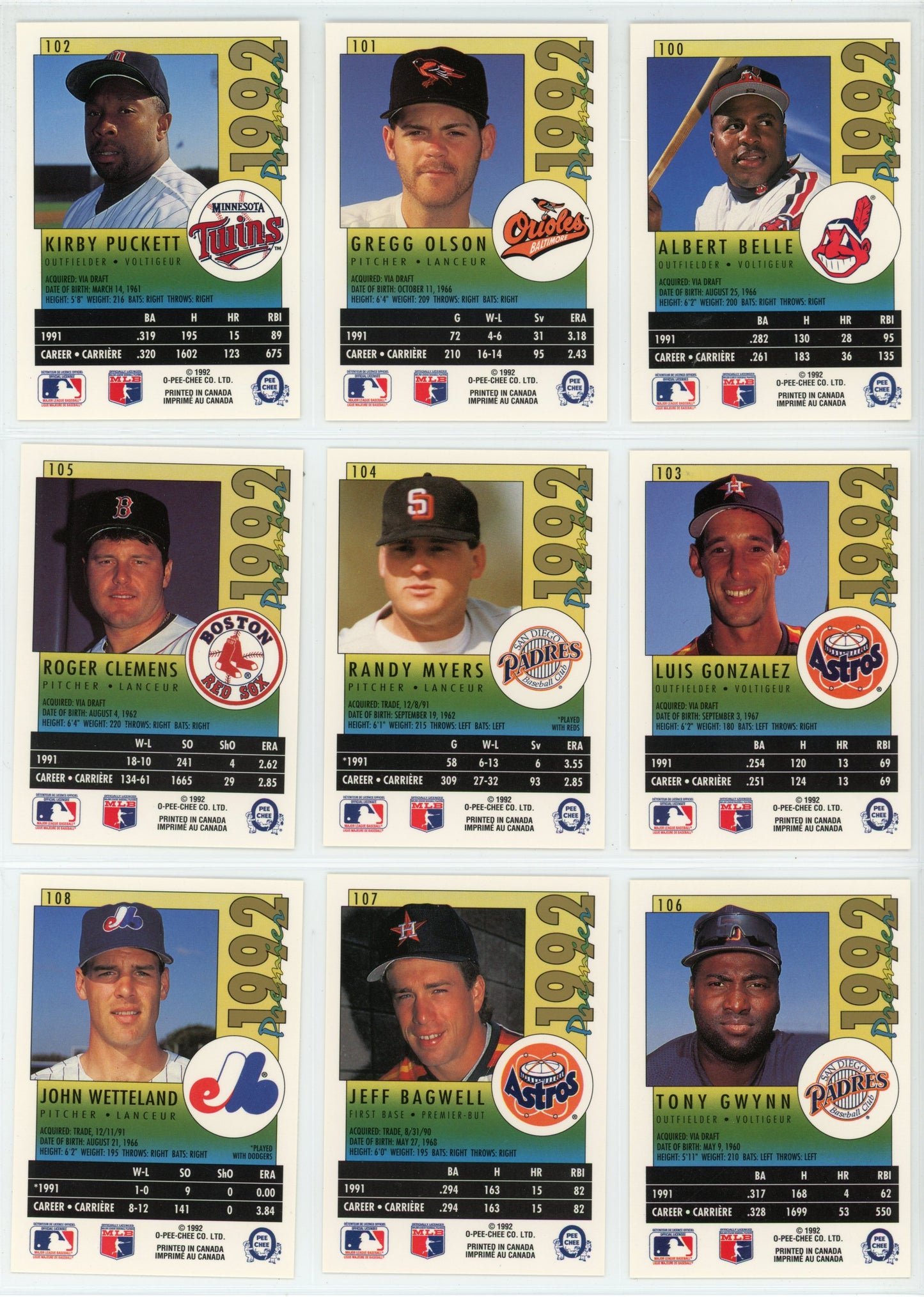 1992 OPC O-Pee-Chee Premier MLB Baseball Complete Set (198 Cards)
