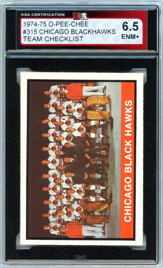 1974/75 OPC O-Pee-Chee Chicago Blackhawks Team Checklist #315 Graded Hockey Card KSA 6.5