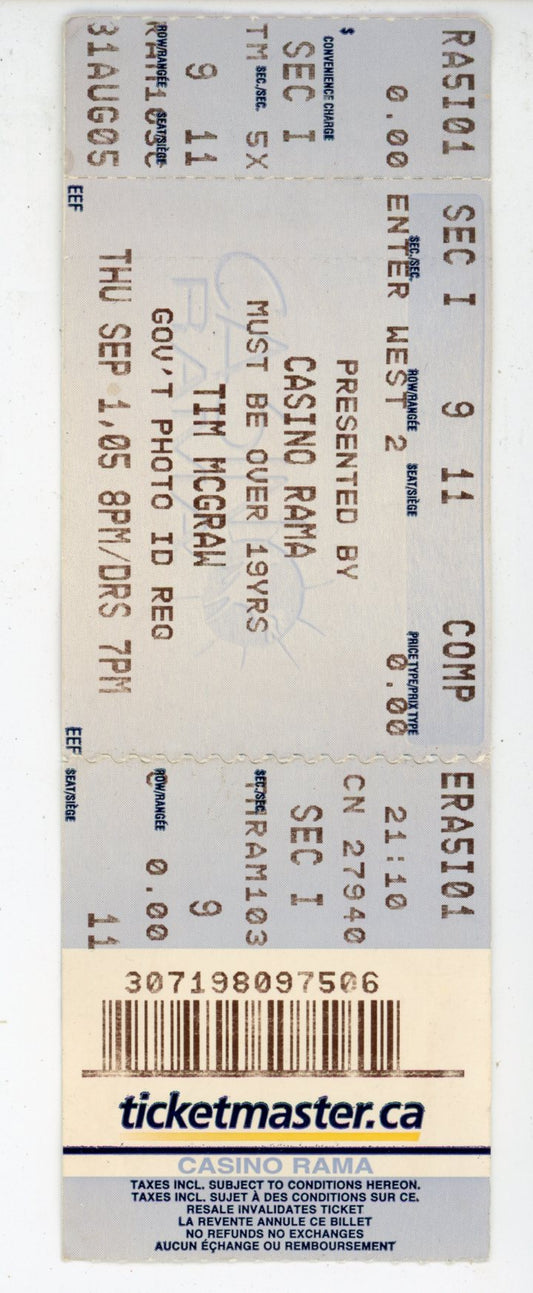 Tim McGraw Vintage Concert Ticket Stub Casino Rama (Orillia, 2005)