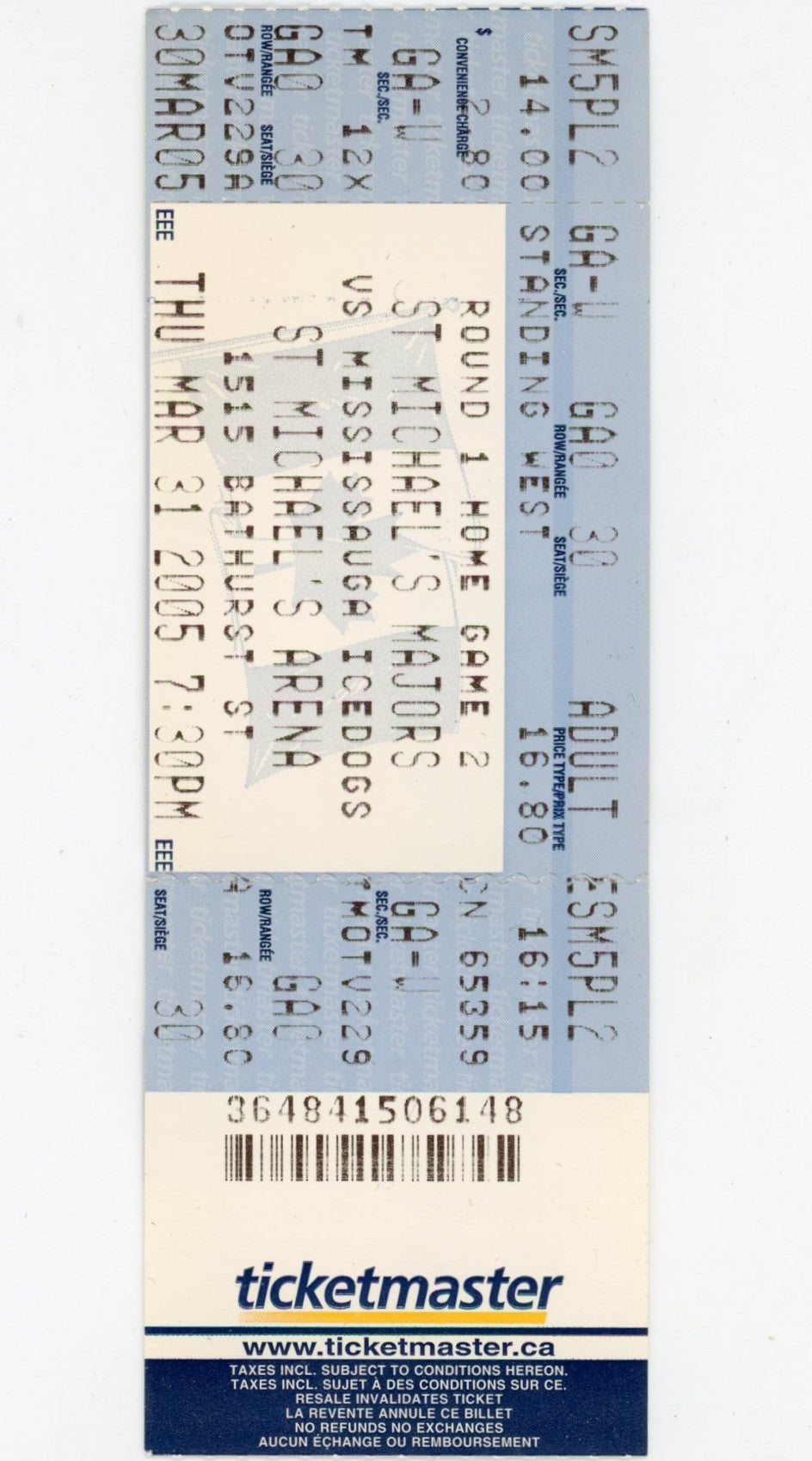 St. Michael's Majors vs. Mississauga Icedogs Hockey Ticket Stub St. Michael's Arena (Toronto, 2005)