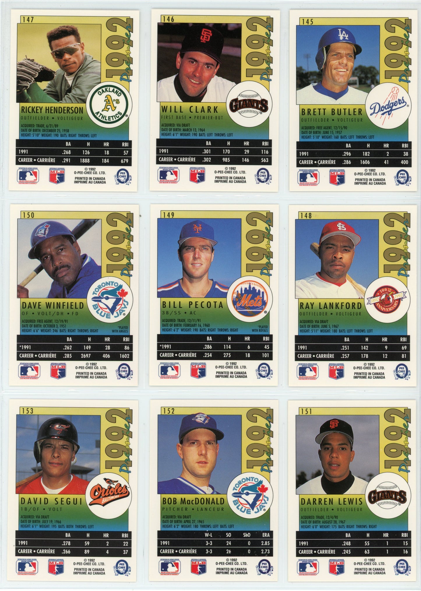 1992 OPC O-Pee-Chee Premier MLB Baseball Complete Set (198 Cards)