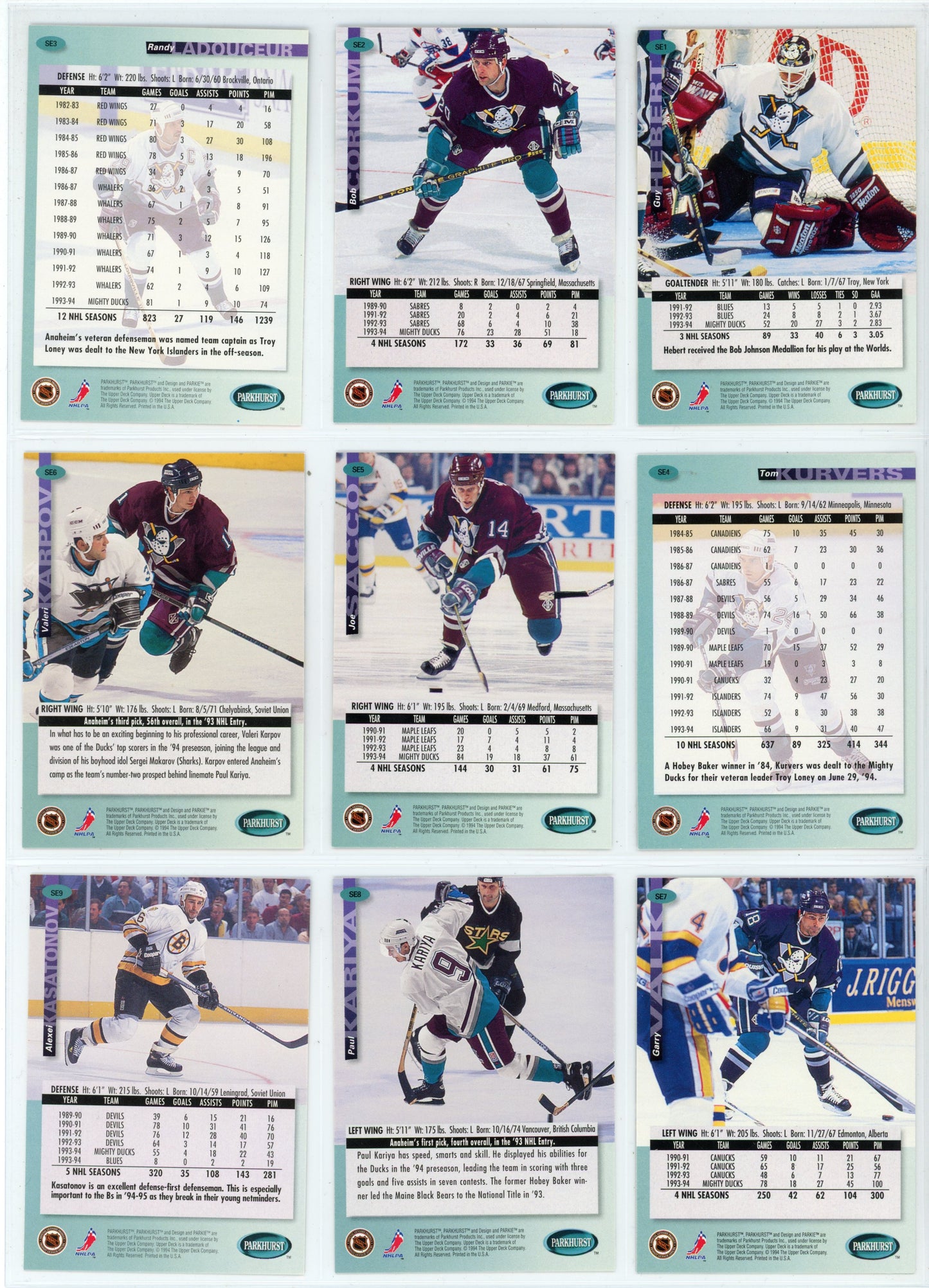 1994/95 Parkhurst SE NHL Hockey Card Complete Set (270 Cards)