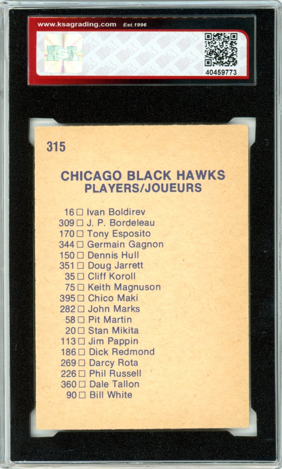 1974/75 OPC O-Pee-Chee Chicago Blackhawks Team Checklist #315 Graded Hockey Card KSA 6.5