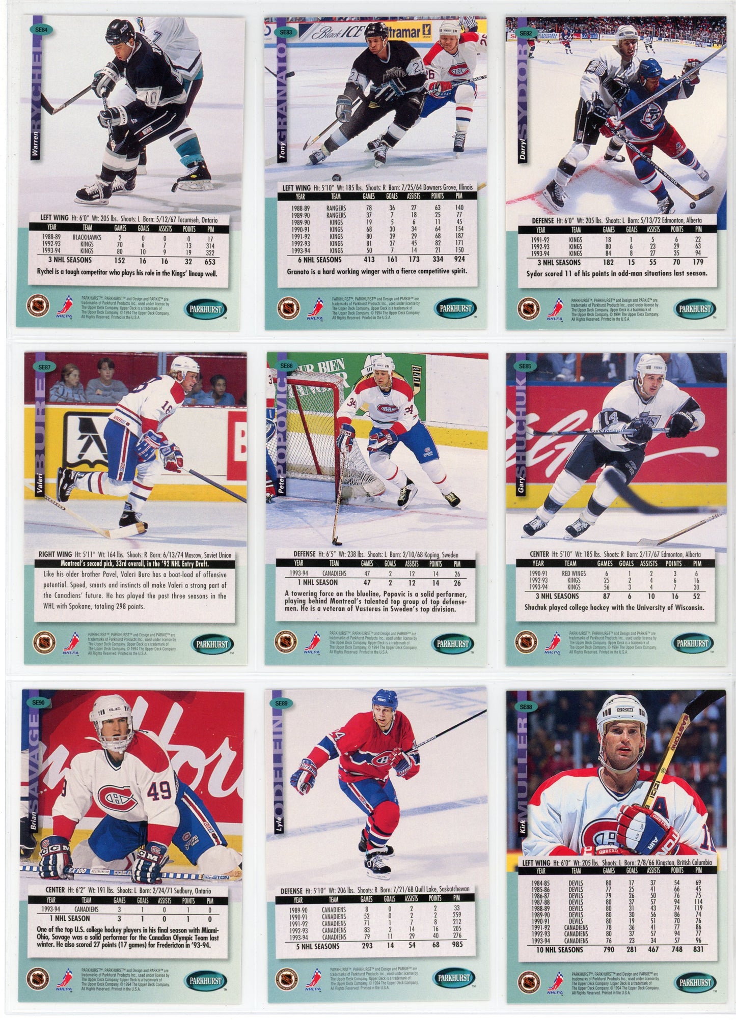 1994/95 Parkhurst SE NHL Hockey Card Complete Set (270 Cards)