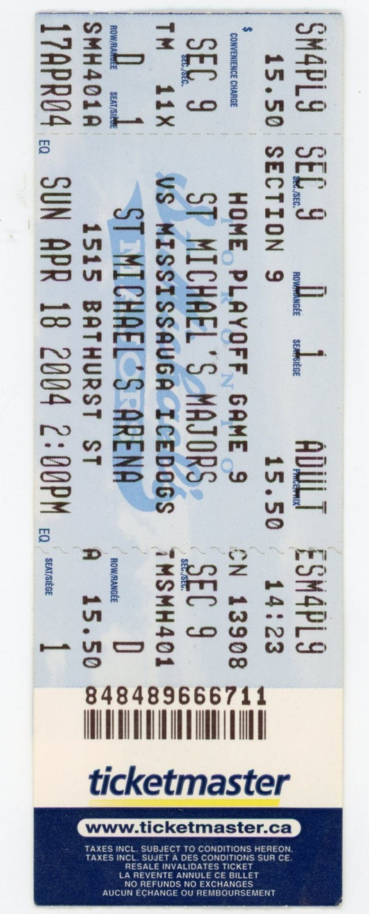 St. Michael's Majors vs. Mississauga Icedogs Hockey Ticket Stub St. Michael's Arena (Toronto, 2004)