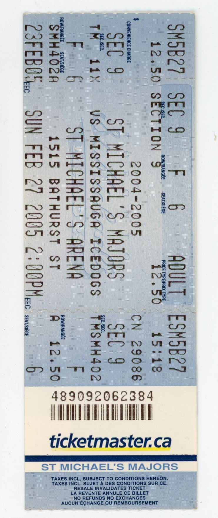St. Michael's Majors vs. Mississauga Icedogs Hockey Ticket Stub St. Michael's Arena (Toronto, 2005)
