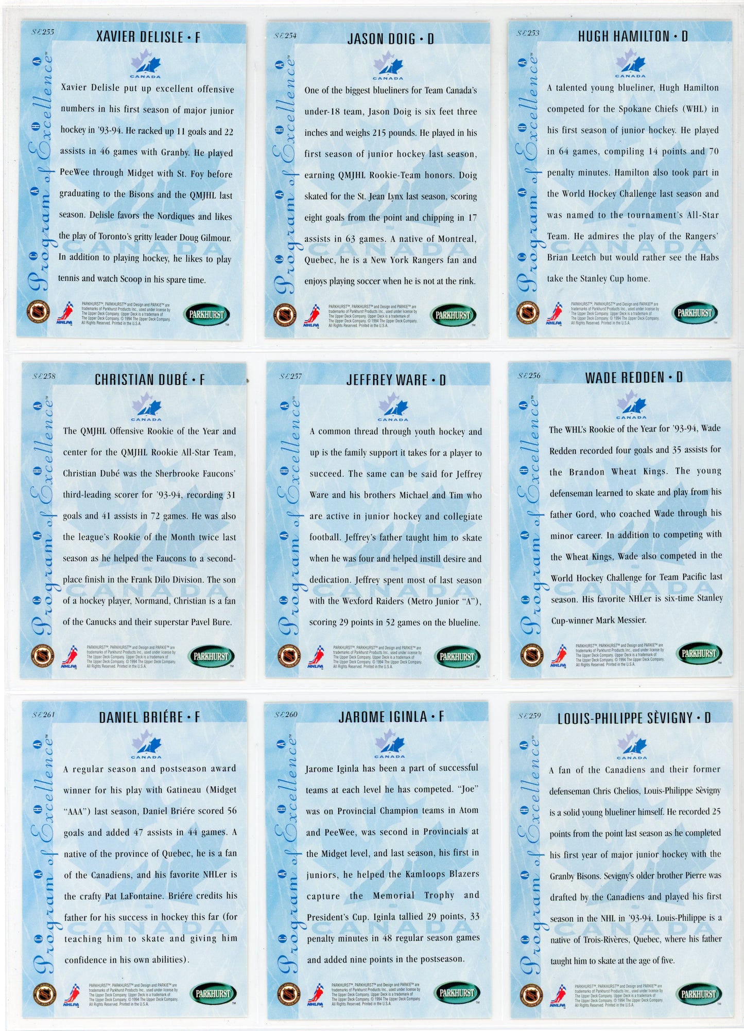 1994/95 Parkhurst SE NHL Hockey Card Complete Set (270 Cards)