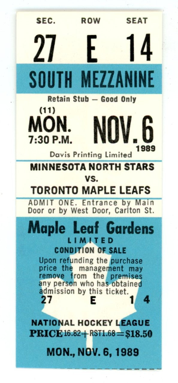 Minnesota North Stars vs. Toronto Maple Leafs Unused Full Ticket Maple Leaf Gardens (Toronto, November 1989)