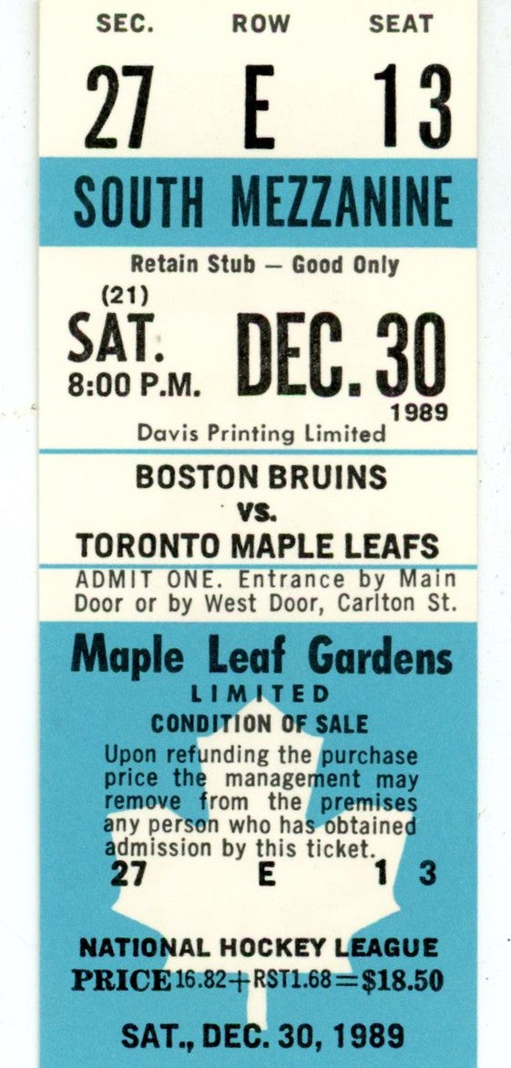 Boston Bruins vs. Toronto Maple Leafs Unused Vintage Full Ticket Maple Leaf Gardens (Toronto, December 1989)