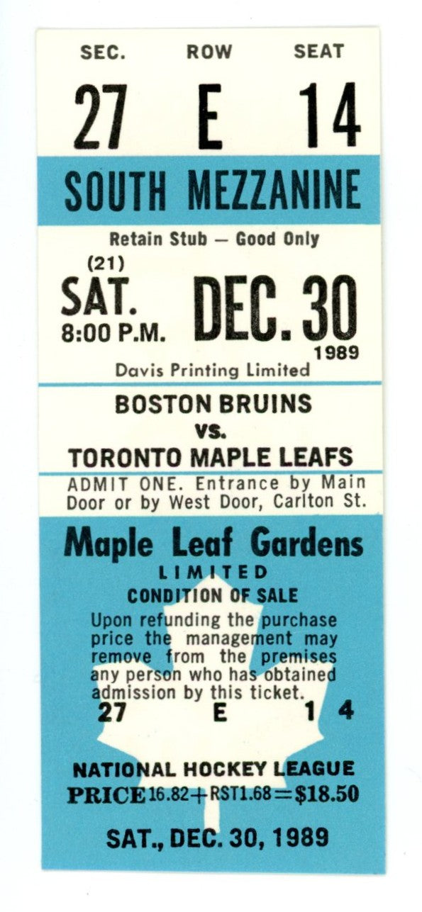 Boston Bruins vs. Toronto Maple Leafs Unused Full Ticket Maple Leaf Gardens (Toronto, December 1989)
