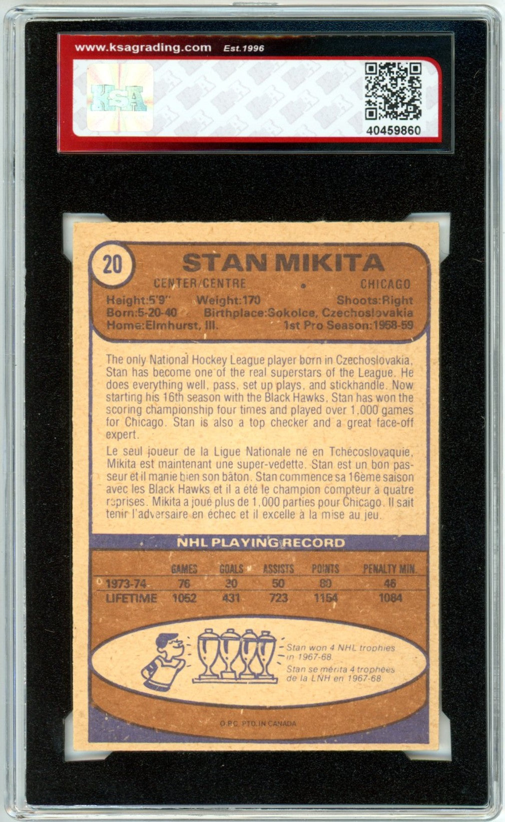 1974/75 OPC O-Pee-Chee Stan Mikita #20 Graded Hockey Card KSA 6.5