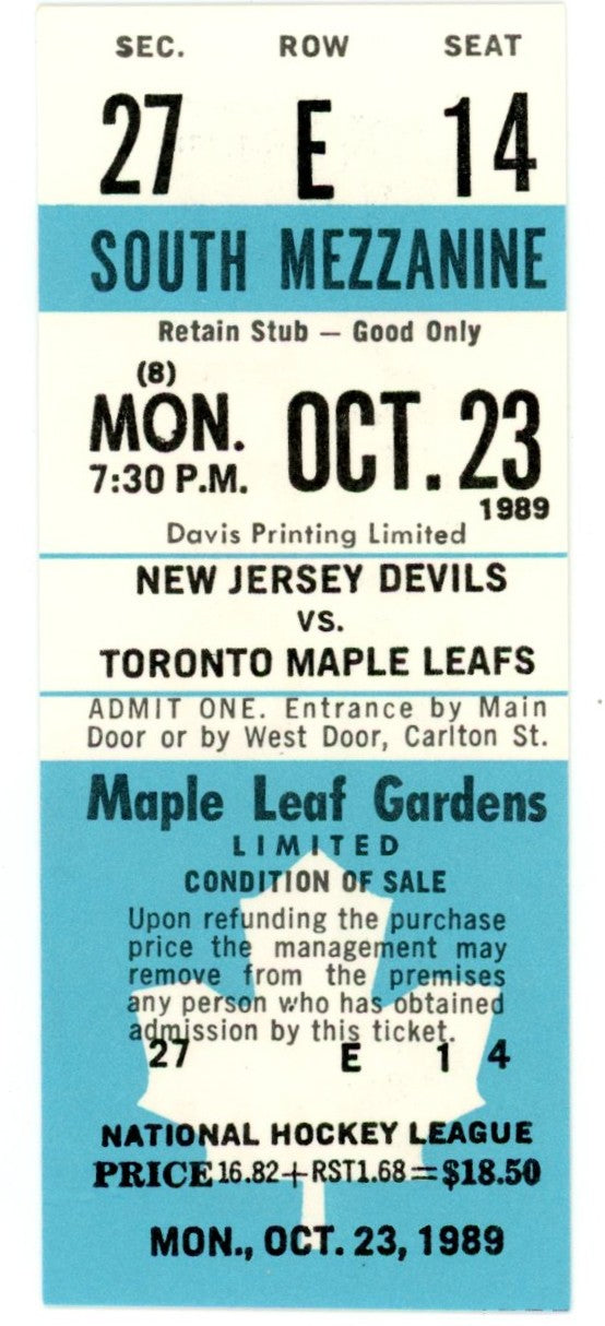 New Jersey Devils vs. Toronto Maple Leafs Unused Vintage Full Ticket Maple Leaf Gardens (Toronto, October 1989)