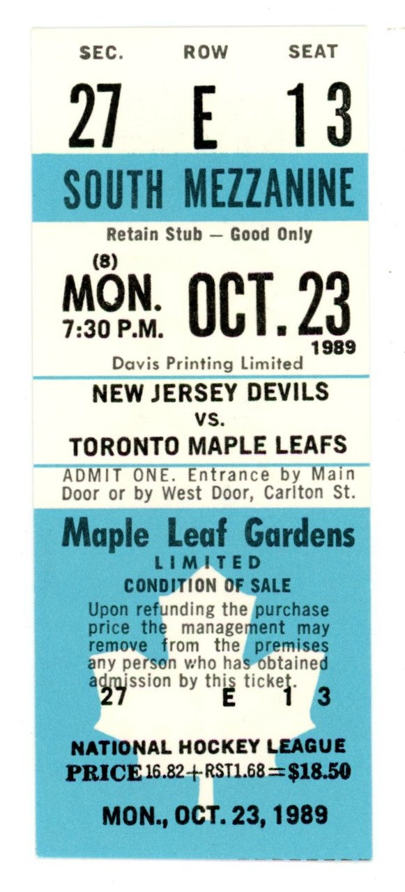New Jersey Devils vs. Toronto Maple Leafs Unused Full Ticket Maple Leaf Gardens (Toronto, October 1989)