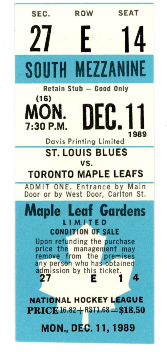 St. Louis Blues vs. Toronto Maple Leafs Unused Vintage Full Ticket Maple Leaf Gardens (Toronto, December 1989)